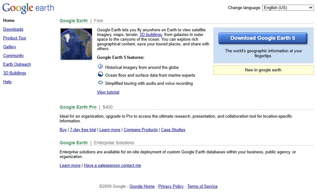 Google Earth website in 2009