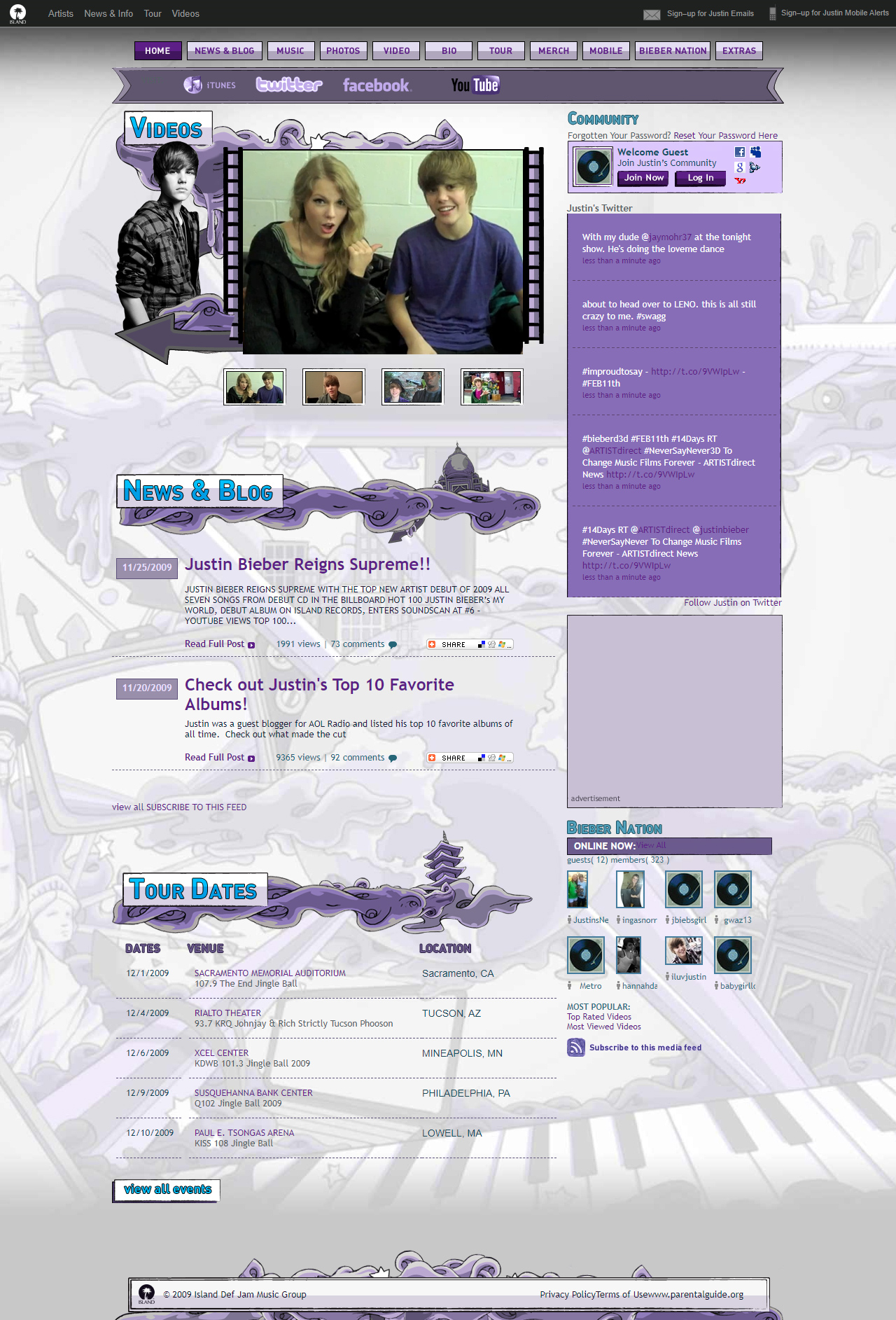 Justin Bieber website in 2009