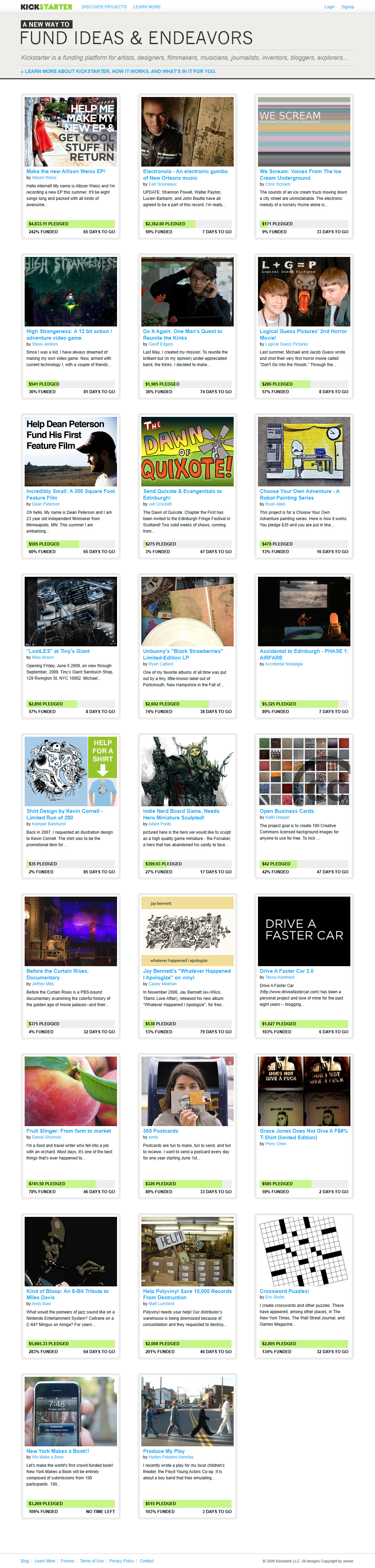 Kickstarter website in 2009