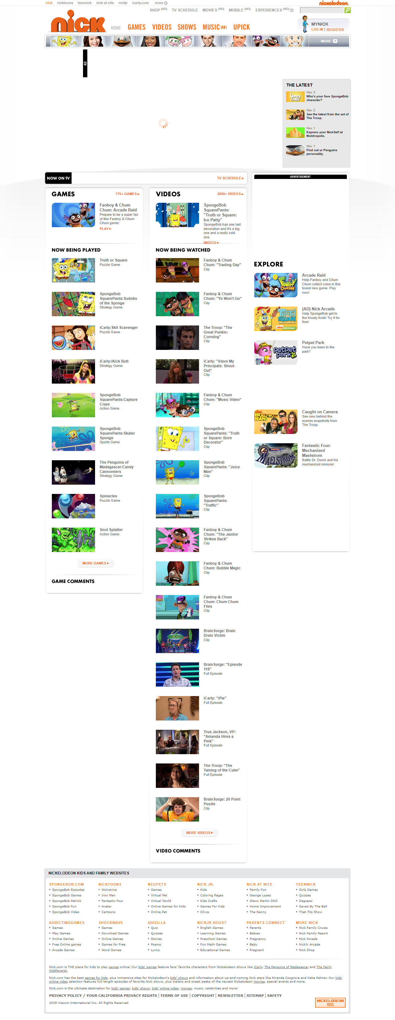 Nickelodeon website in 2009