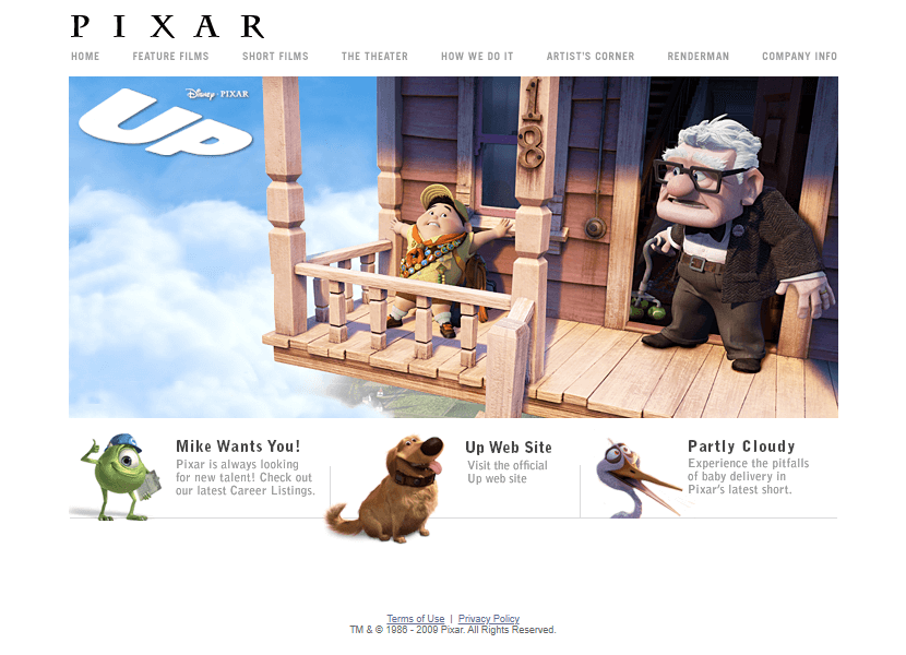 Pixar website in 2009