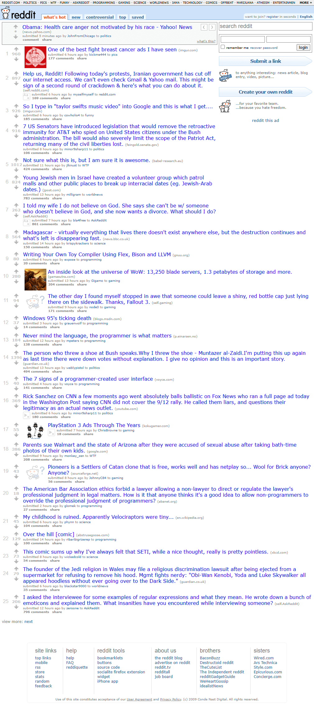 Reddit website in 2009