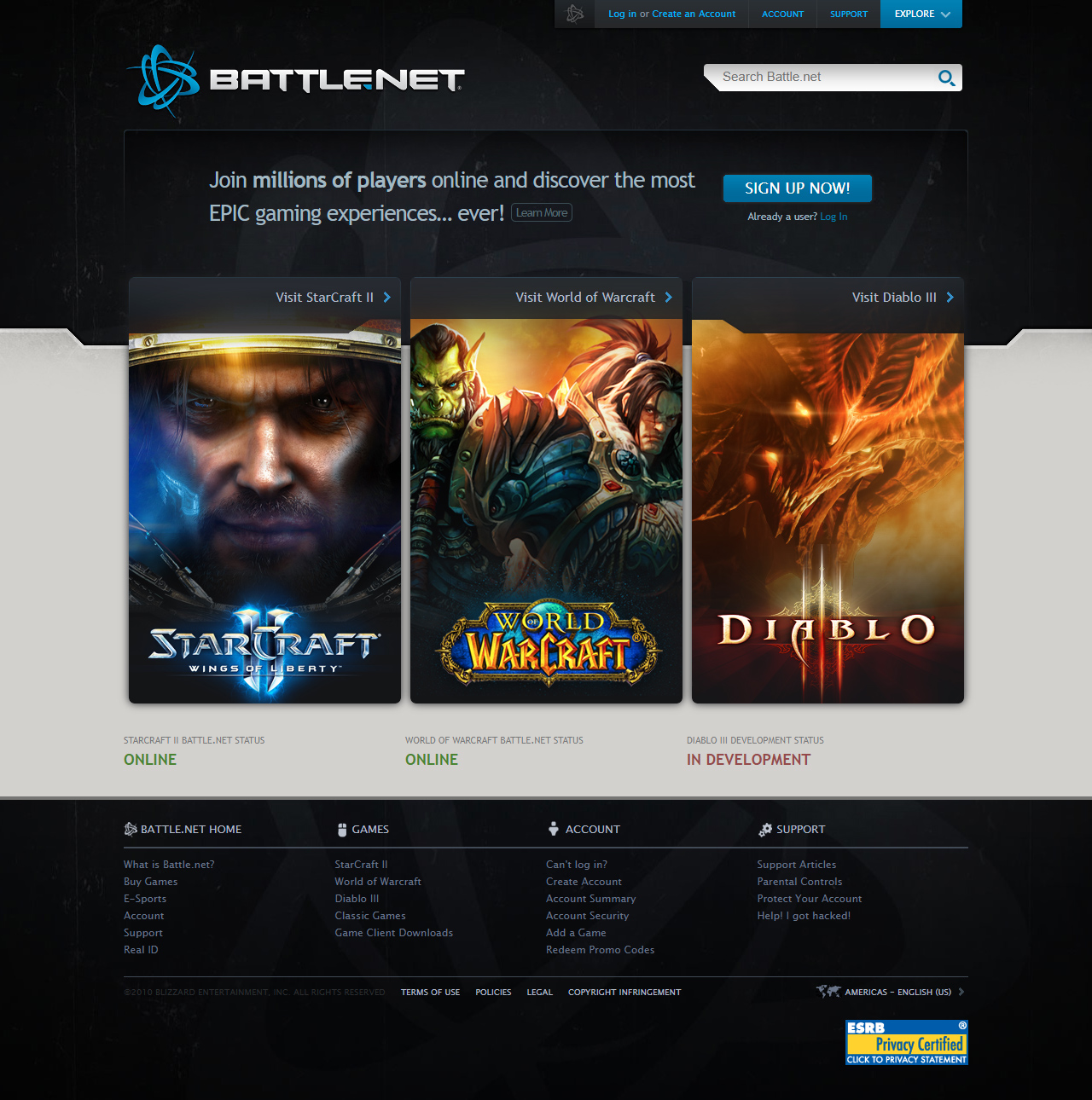 Battle.net website in 2010