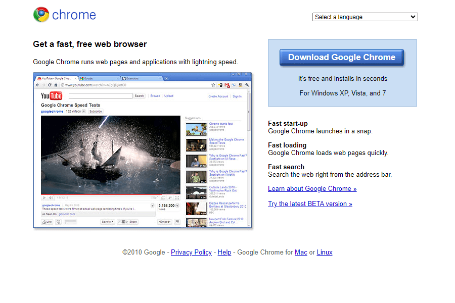 Google Chrome website in 2010