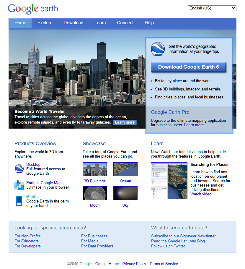Google Earth website in 2010