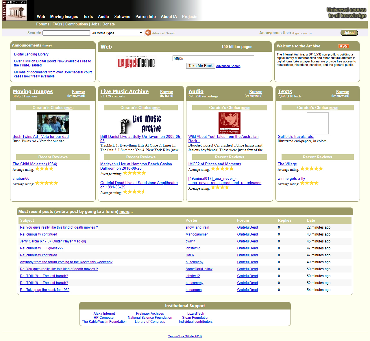 Internet Archive website in 2010