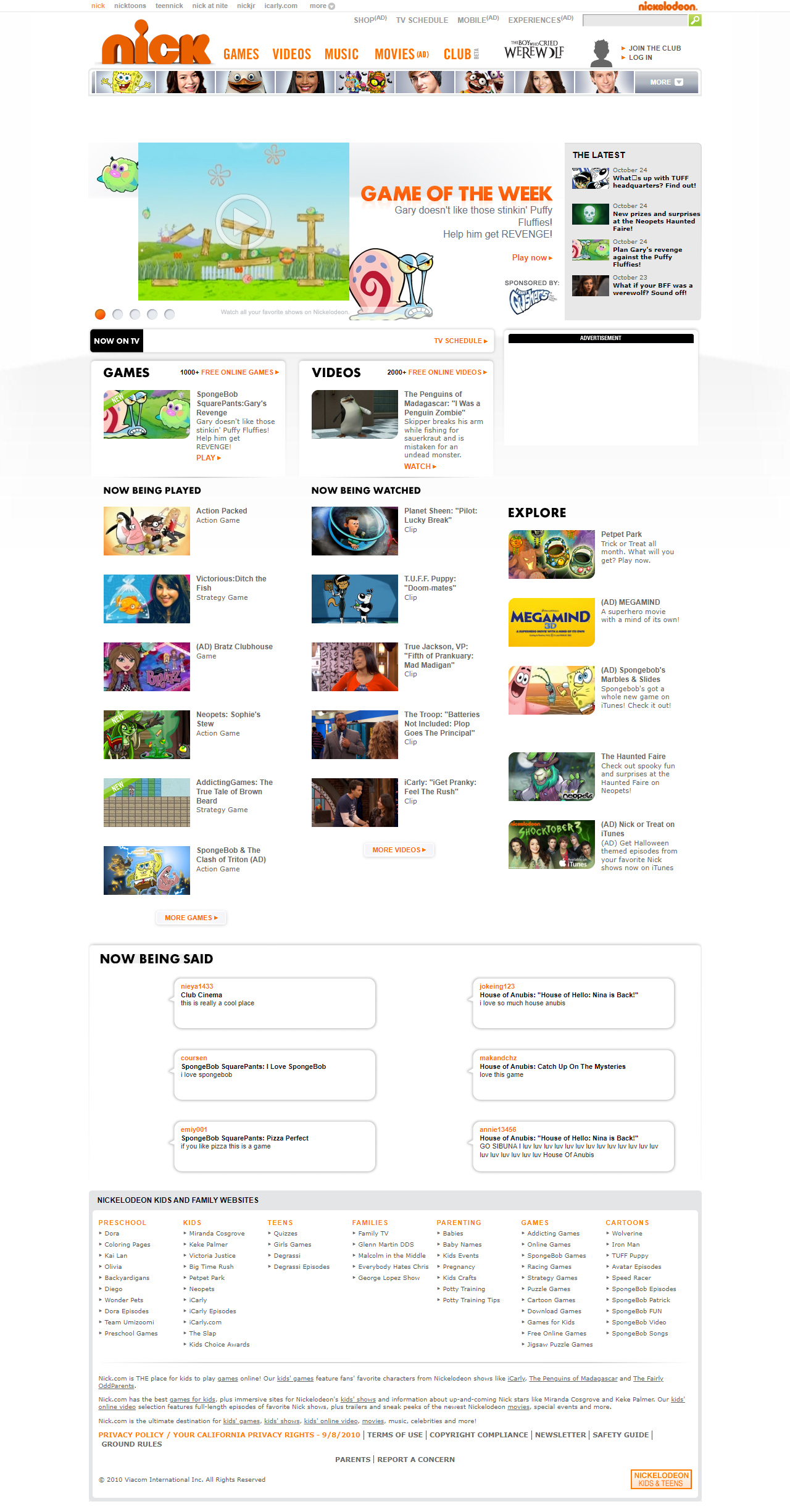 Nickelodeon website in 2010