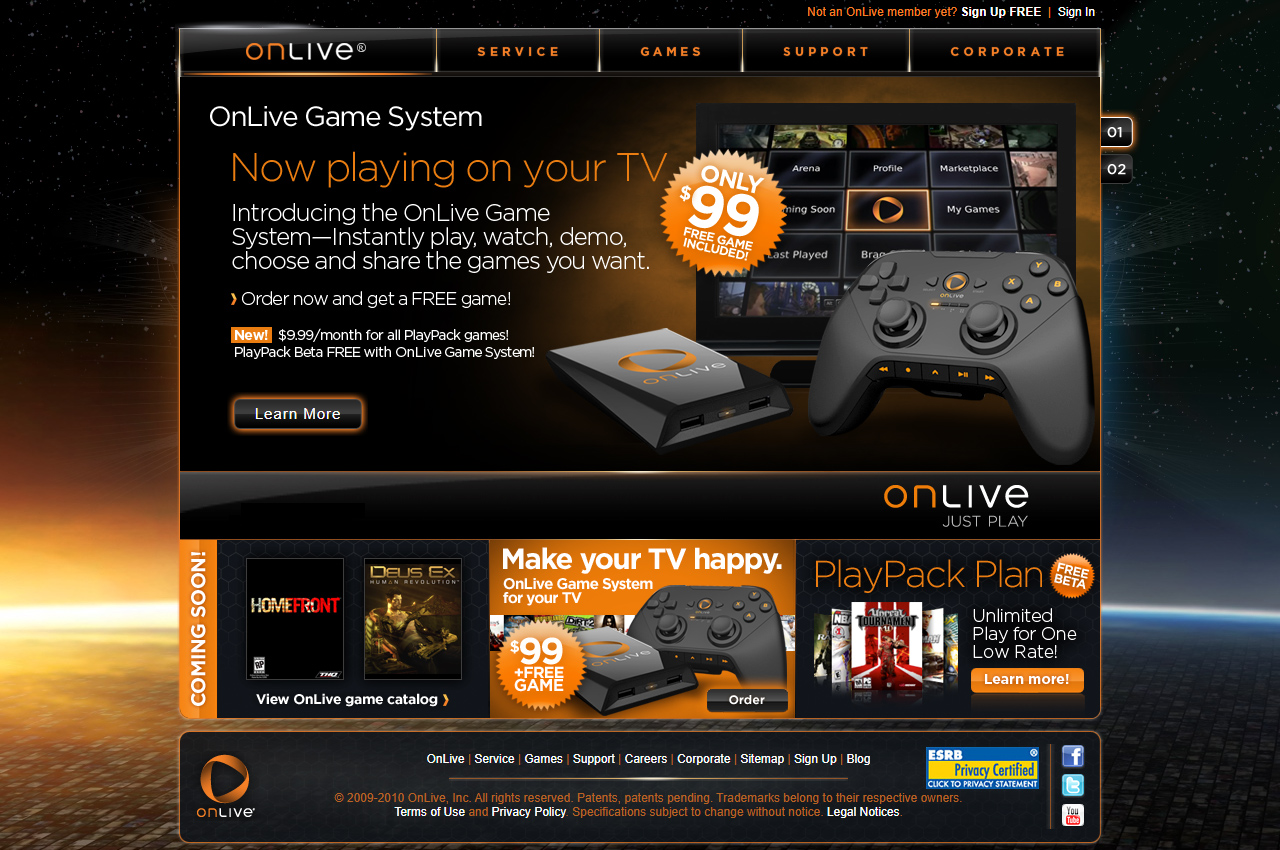 OnLive website in 2010