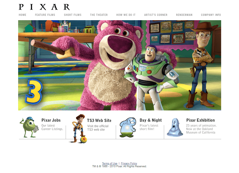 Pixar website in 2010