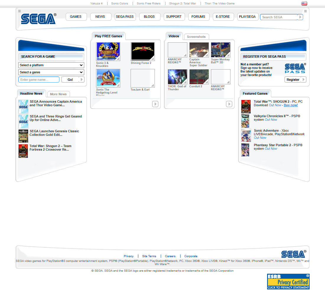 SEGA website in 2010