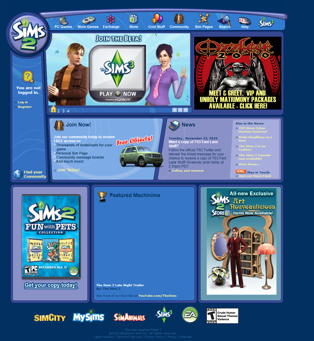 The Sims 2 website in 2010