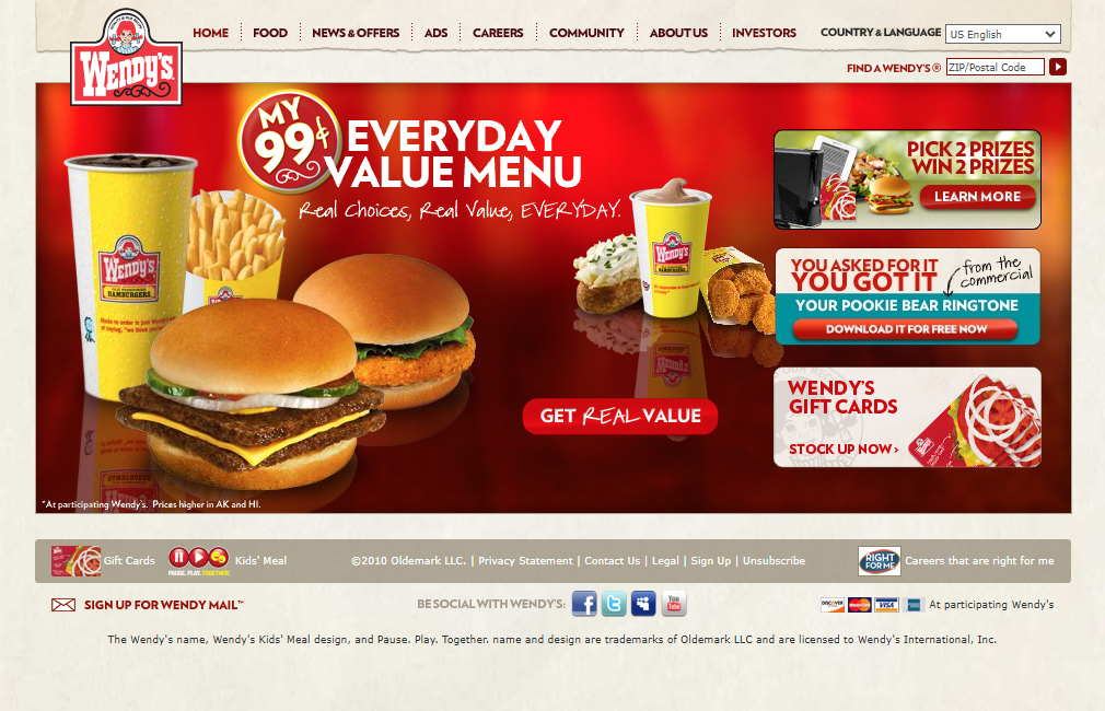 Wendy's website in 2010