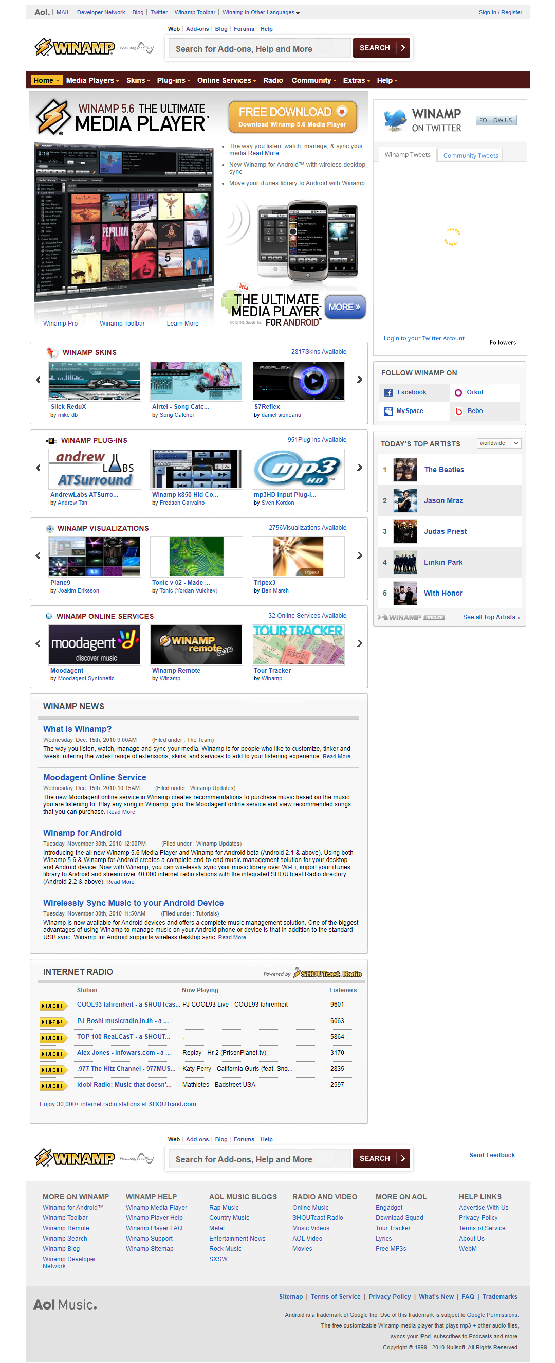 Winamp website in 2010