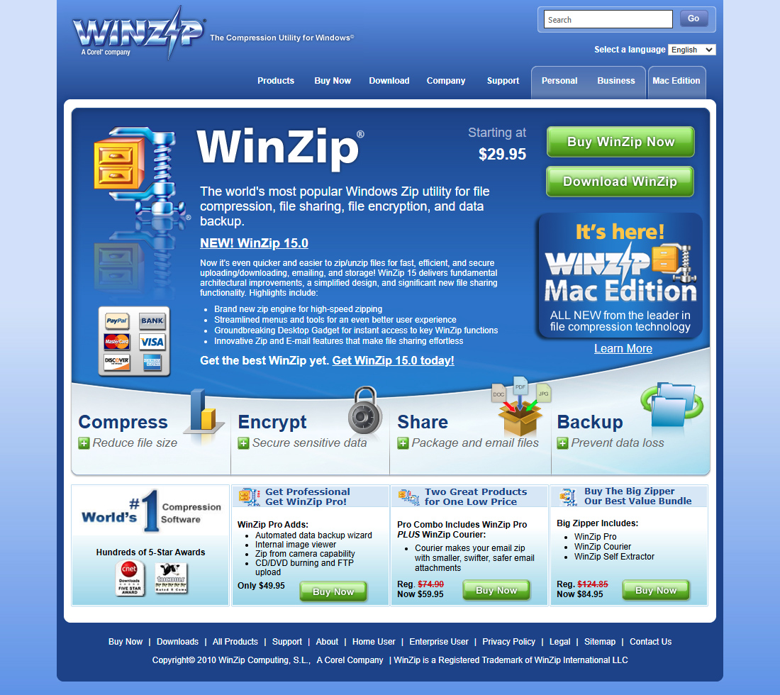 WinZip website in 2010