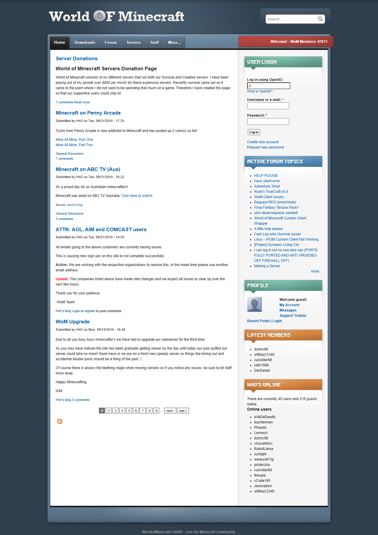 World of Minecraft website in 2010