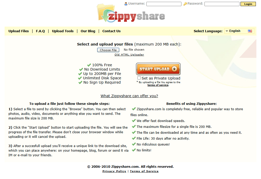 Zippyshare website in 2010