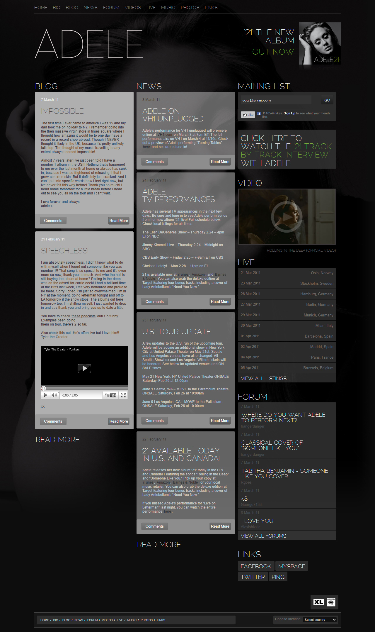 Adele website in 2011