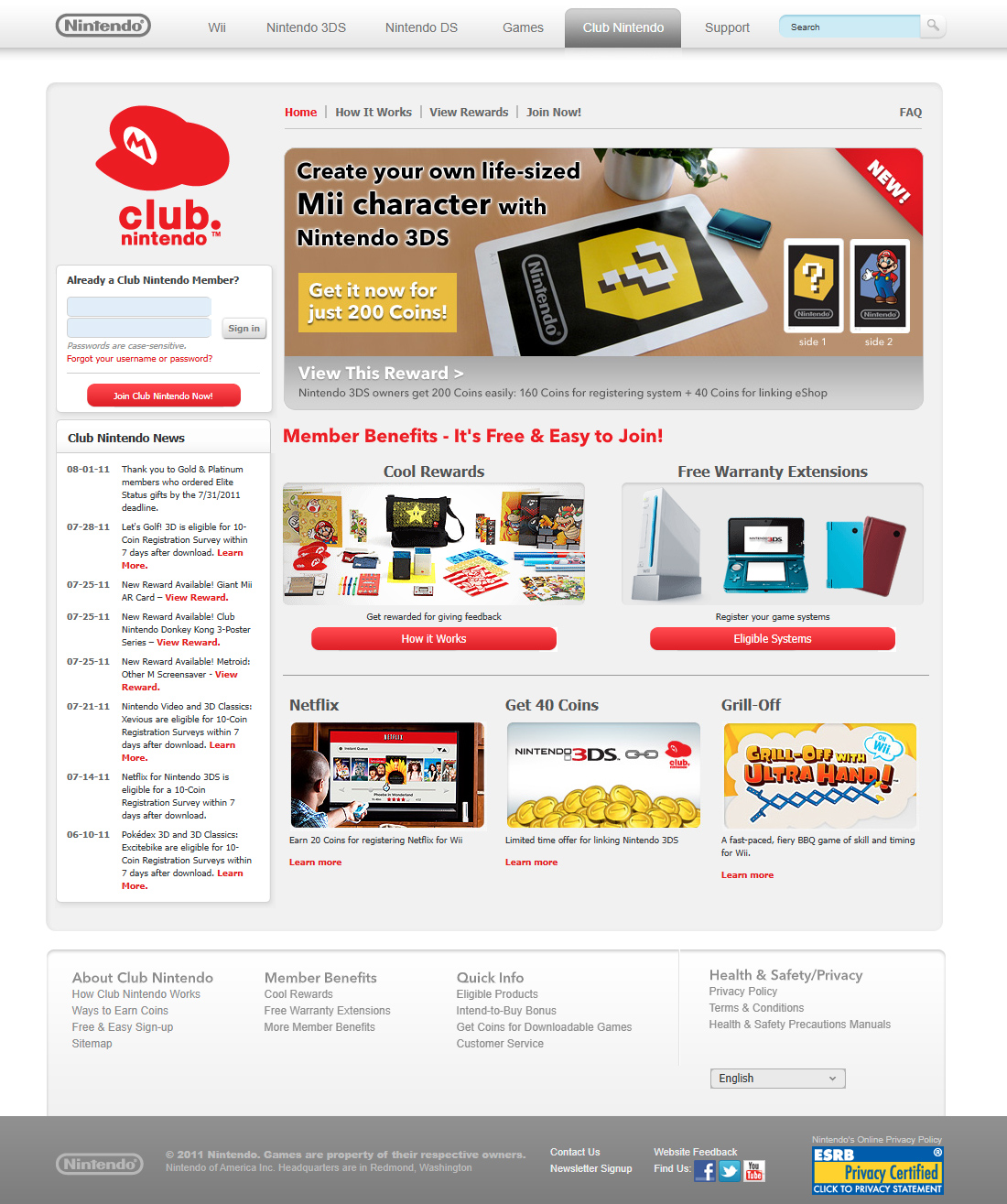 Club Nintendo website in 2011