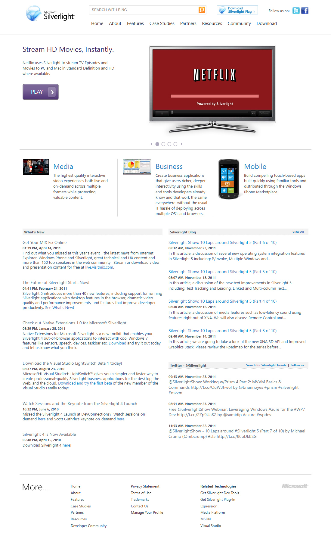 Microsoft Silverlight website in 2011
