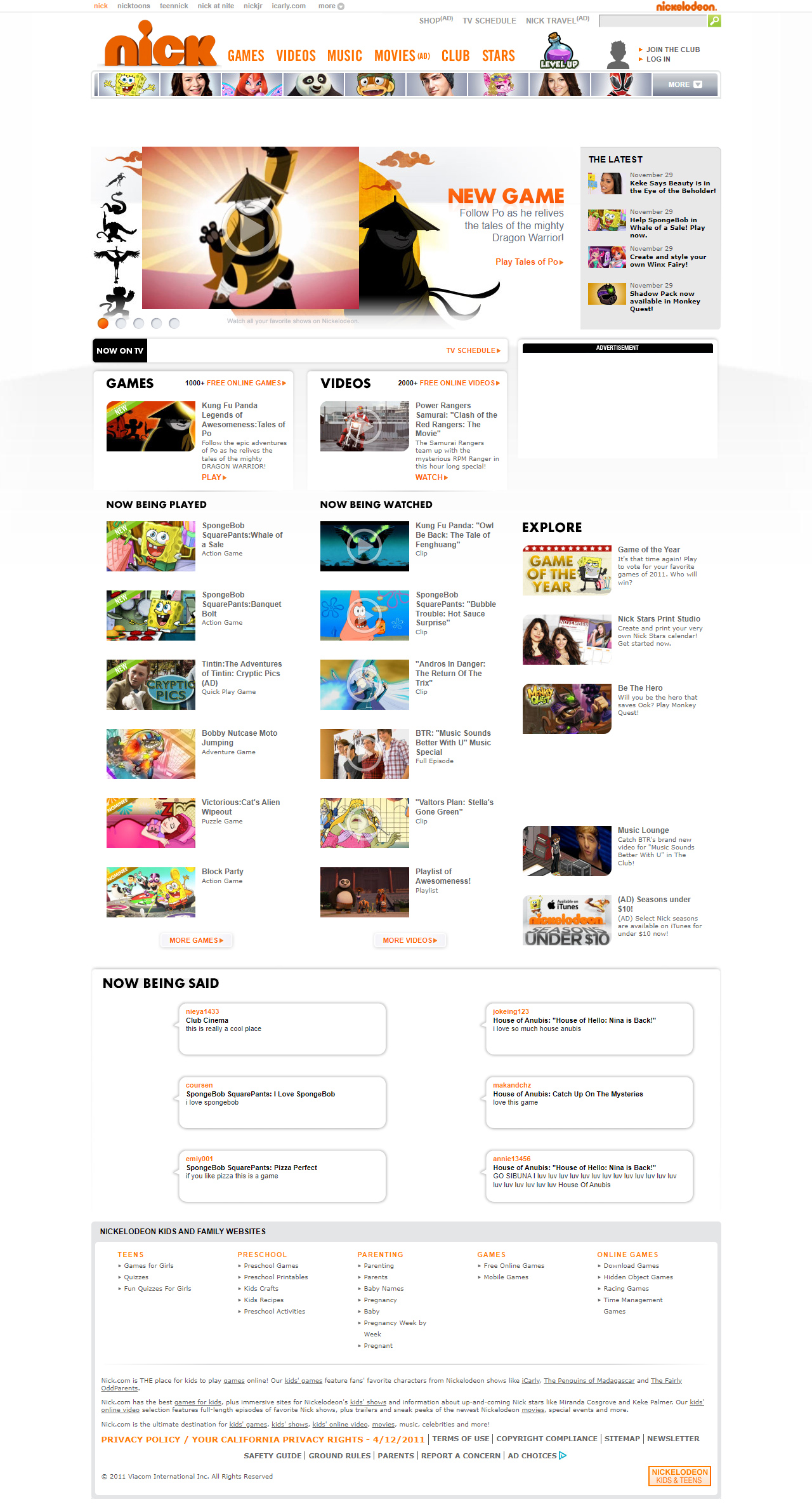 Nickelodeon website in 2011