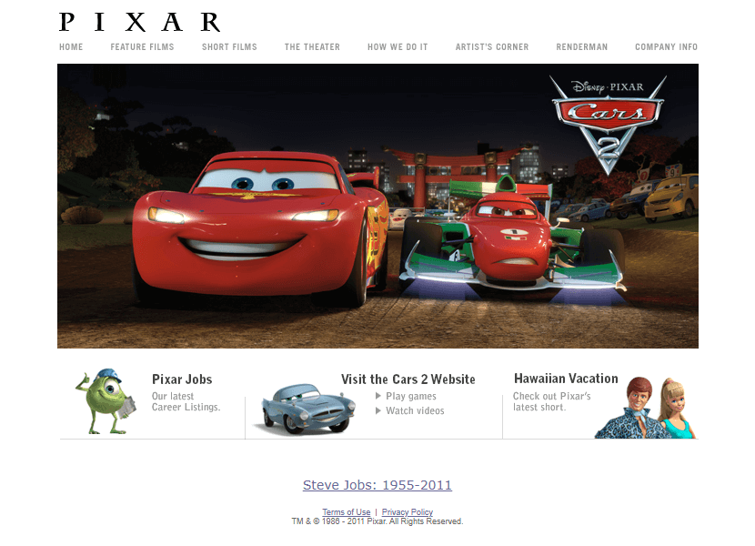 Pixar website in 2011