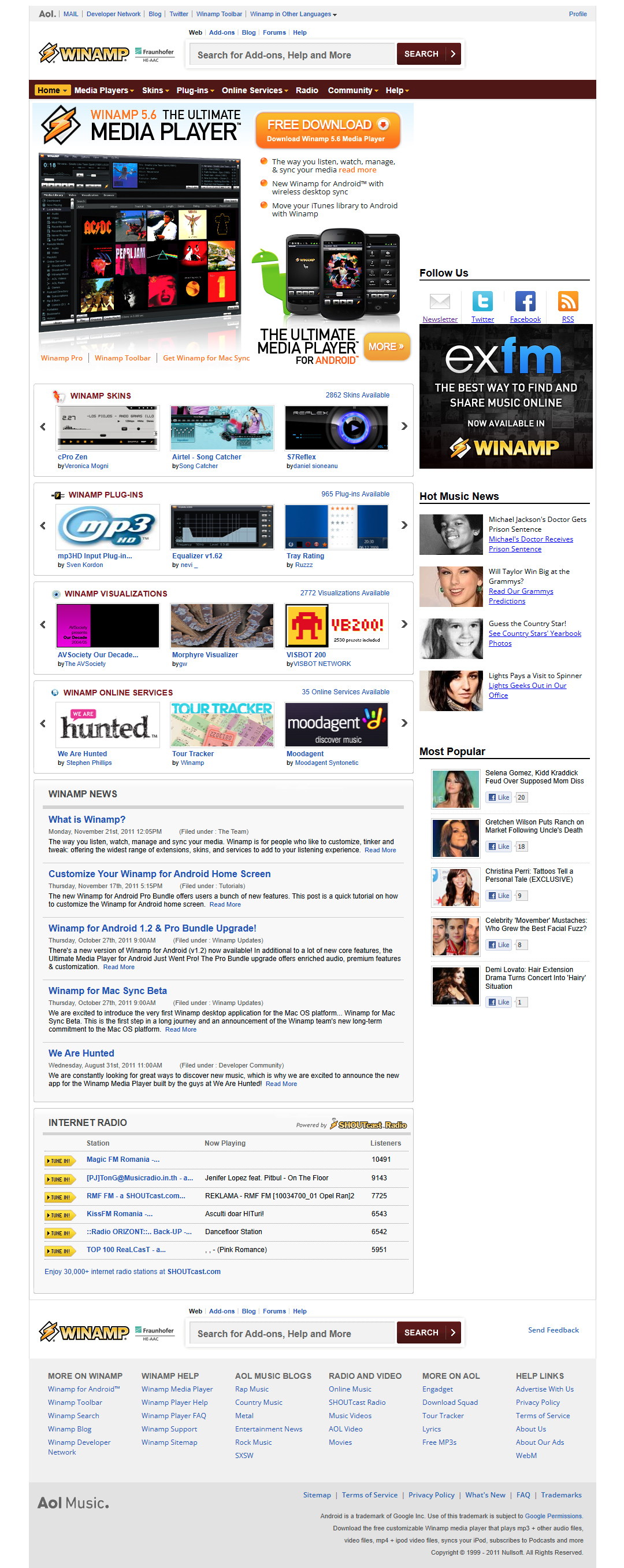 Winamp website in 2011