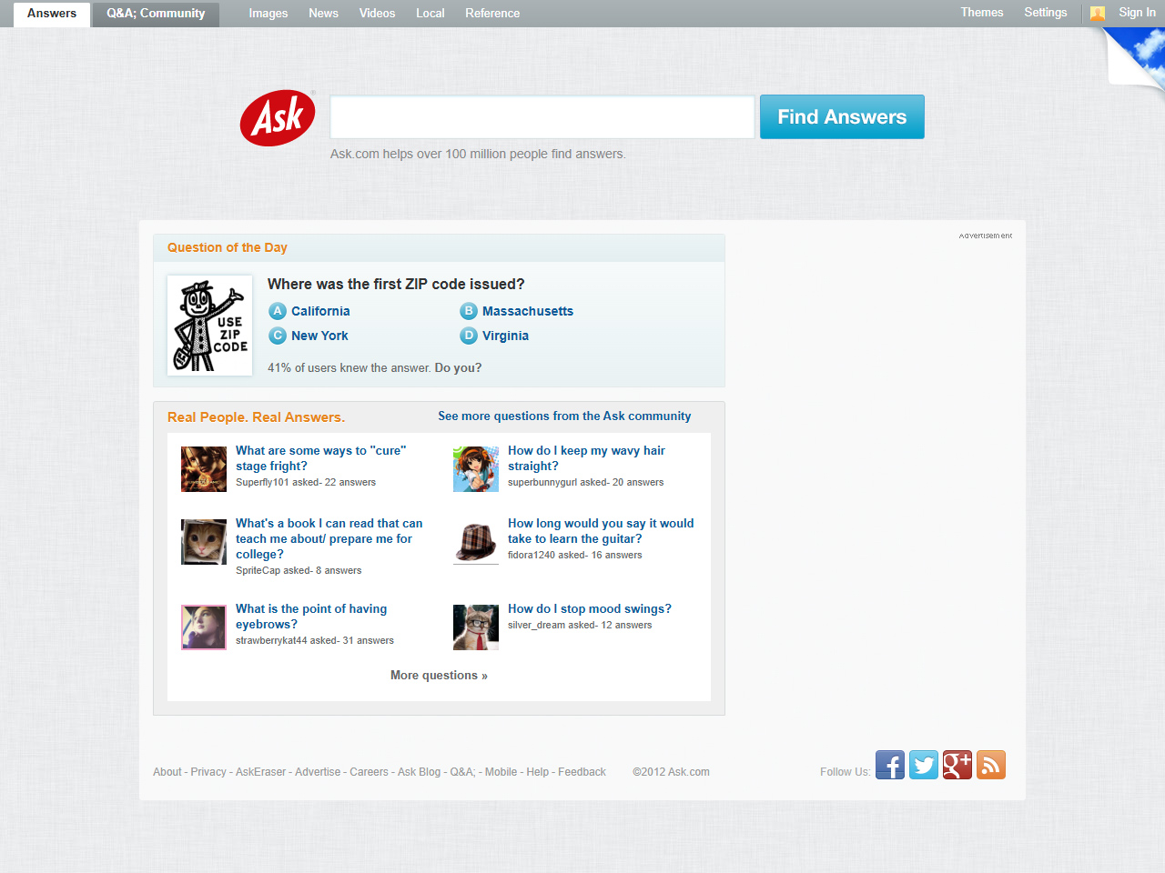 Ask.com website in 2012