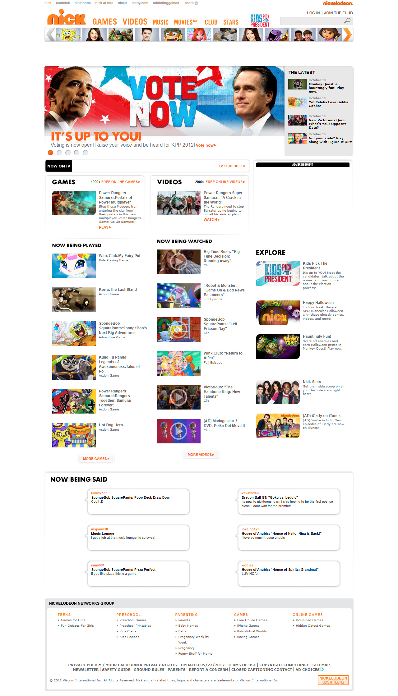 Nickelodeon website in 2012