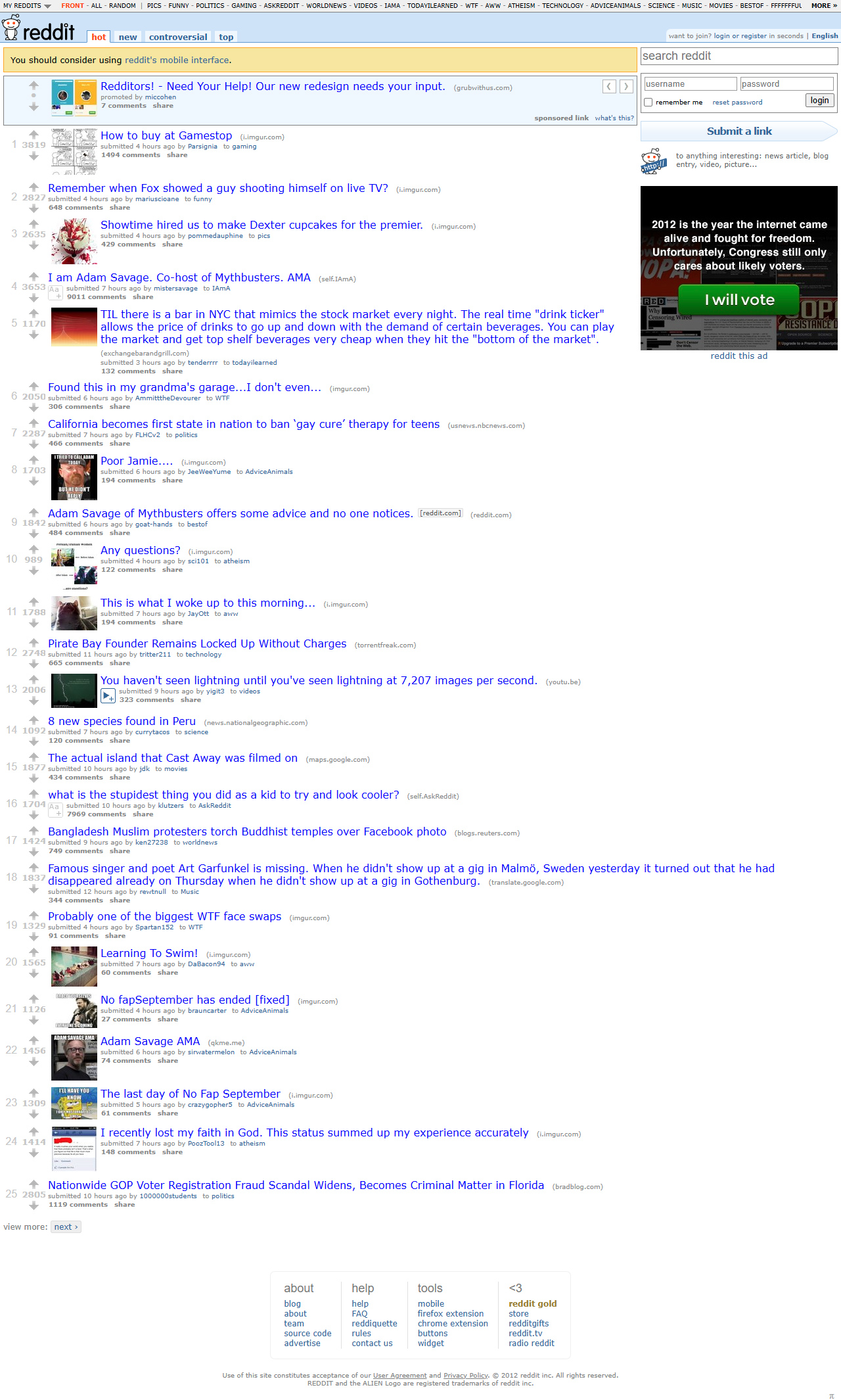Reddit website in 2012