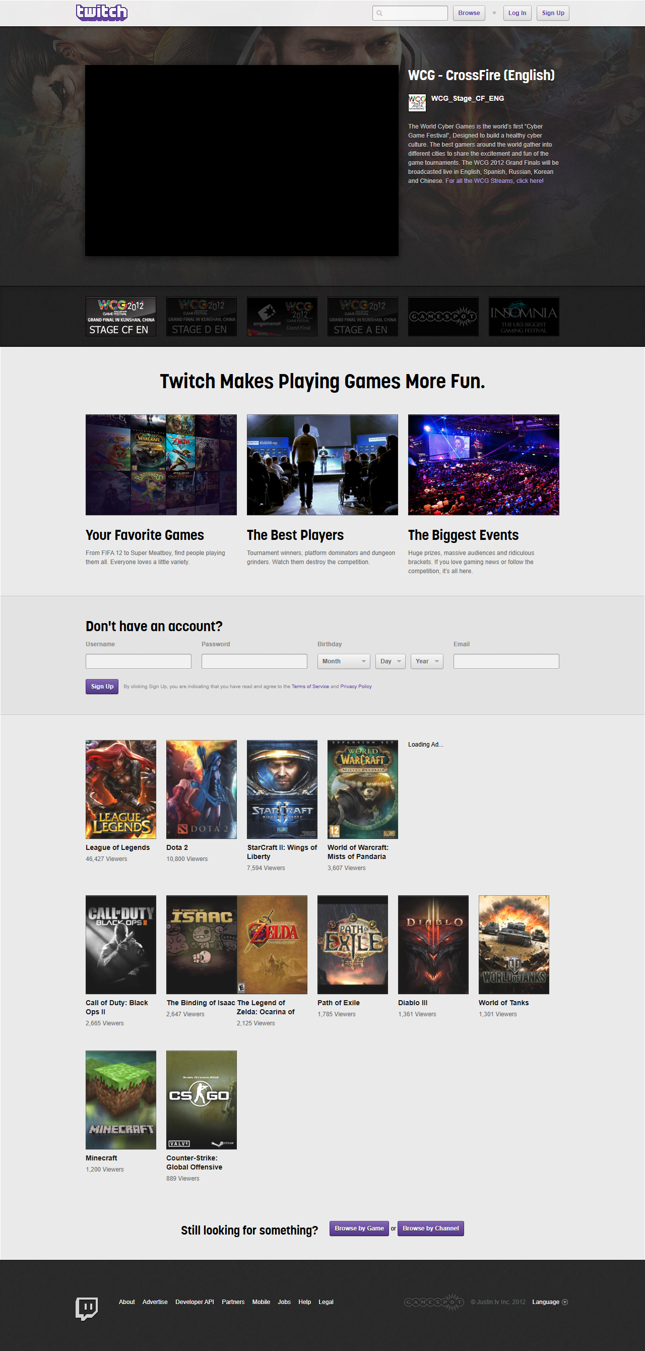 Twitch website in 2012