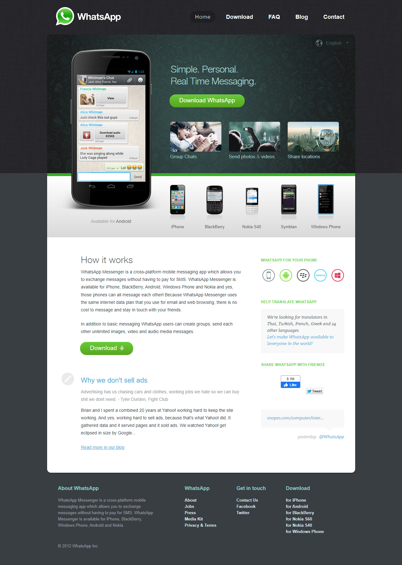 WhatsApp website in 2012
