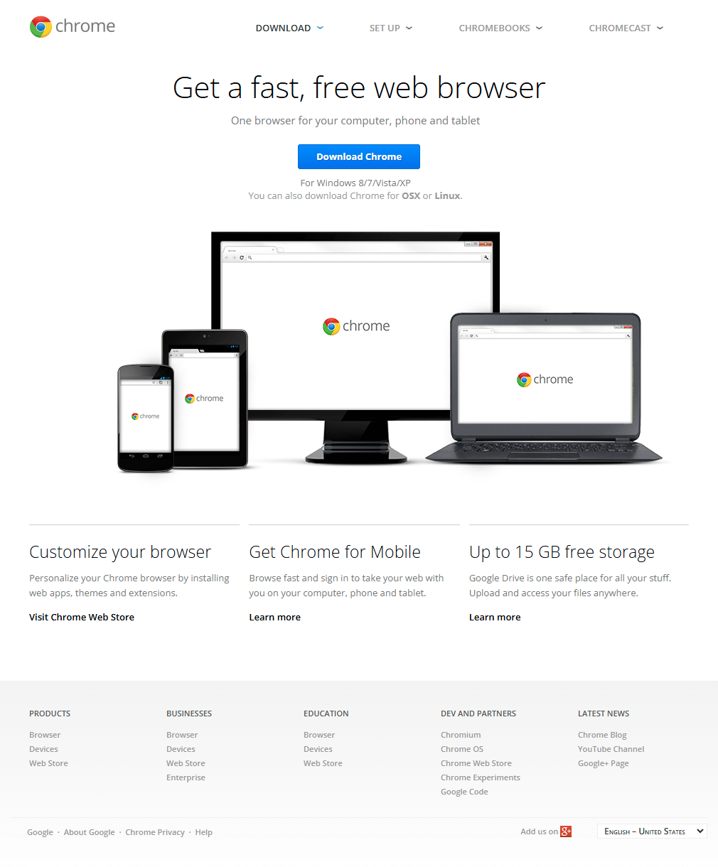 Google Chrome website in 2013