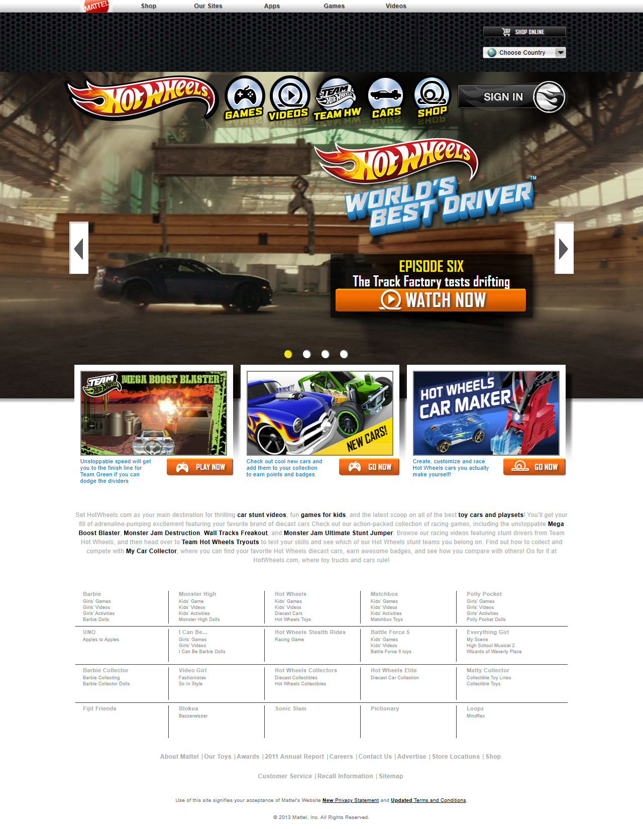 Hot Wheels website in 2013