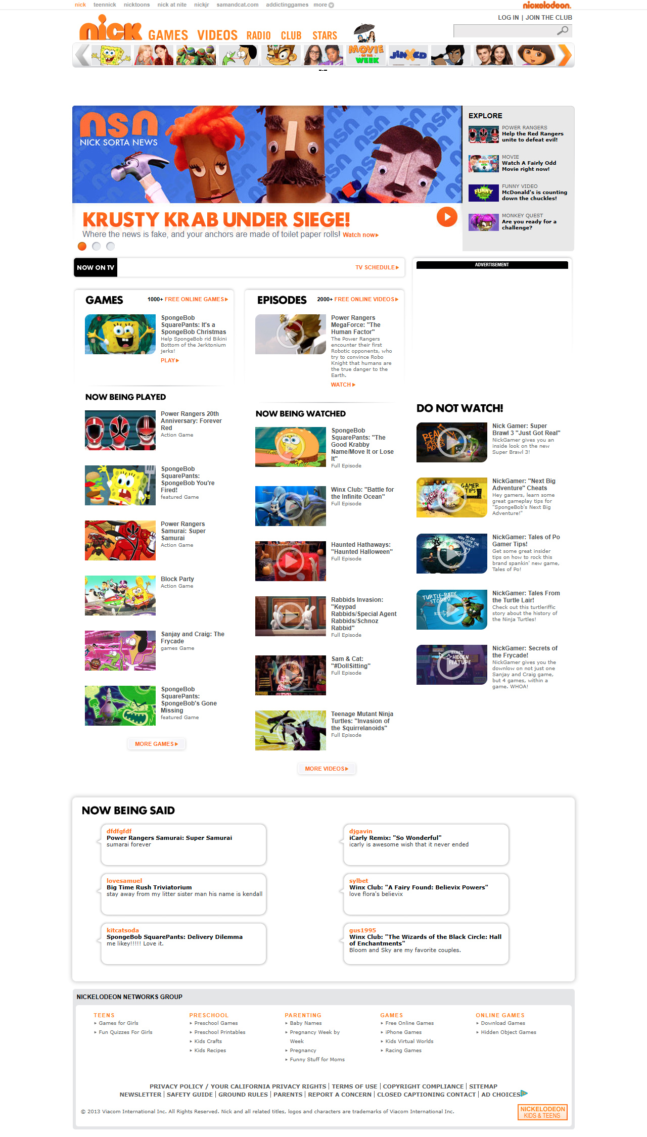 Nickelodeon website in 2013