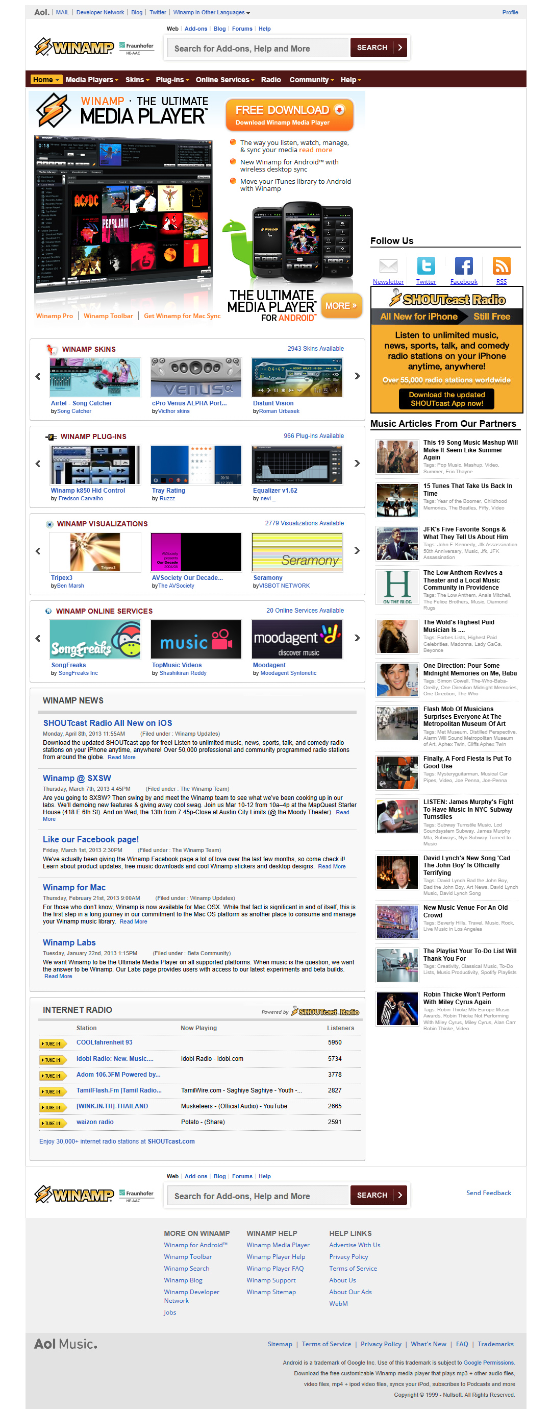 Winamp website in 2013