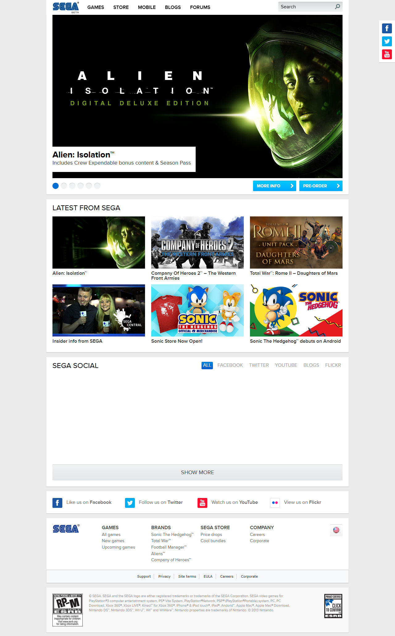 SEGA website in 2014