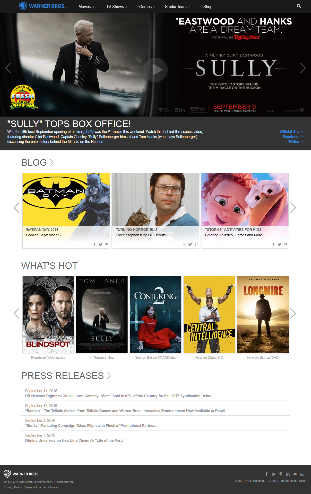 Warner Bros. website in 2016