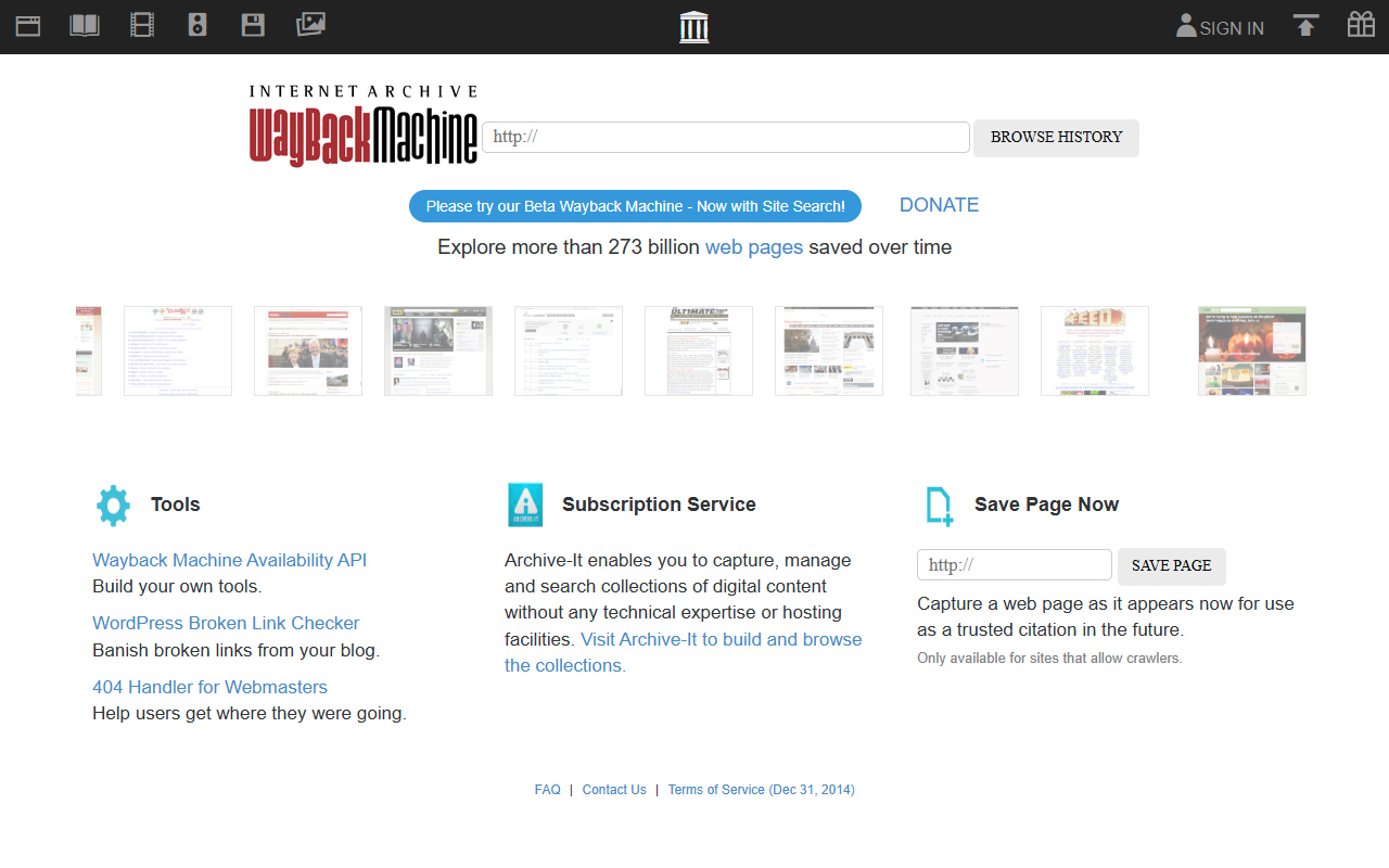 Wayback Machine website in 2016