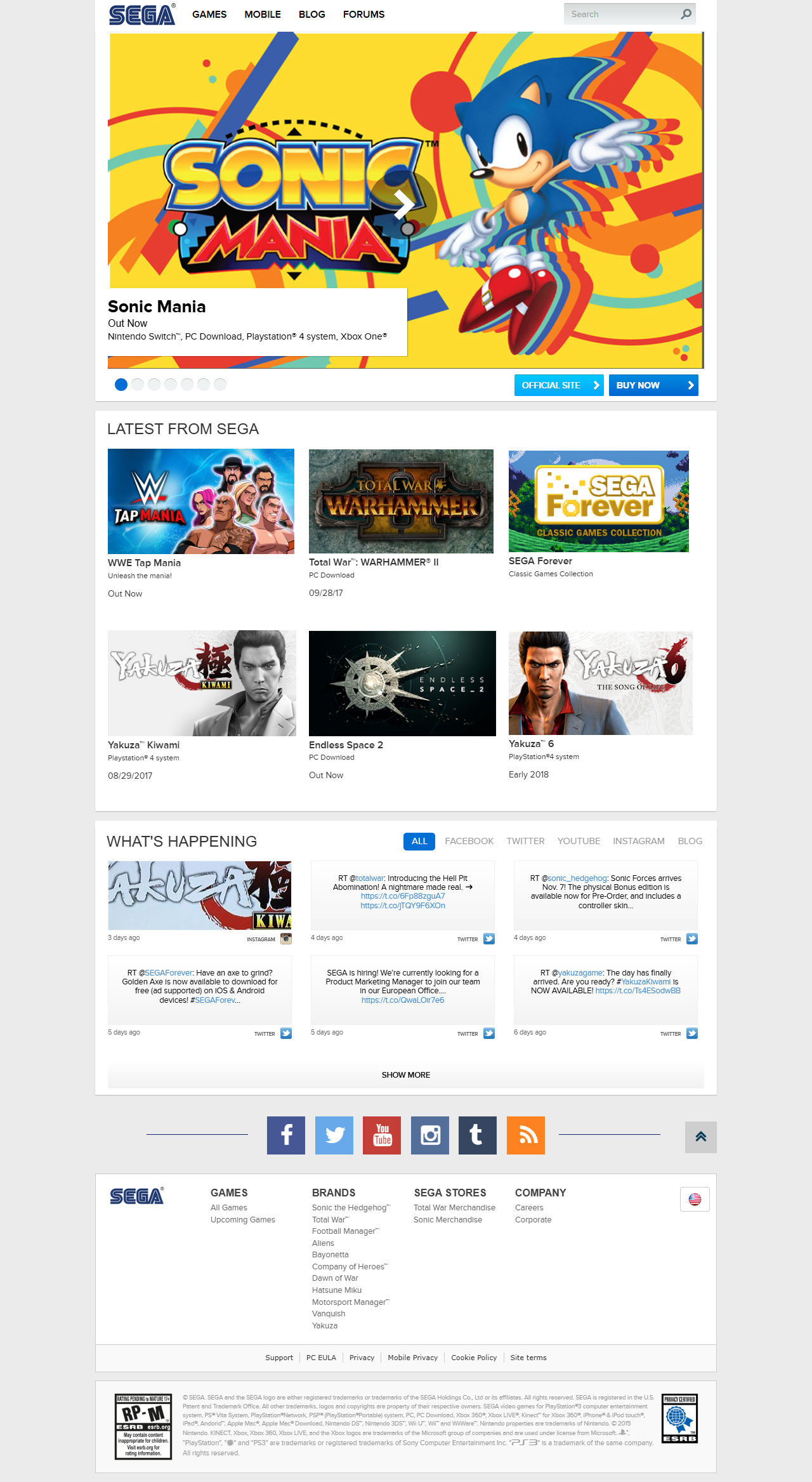 SEGA website in 2017