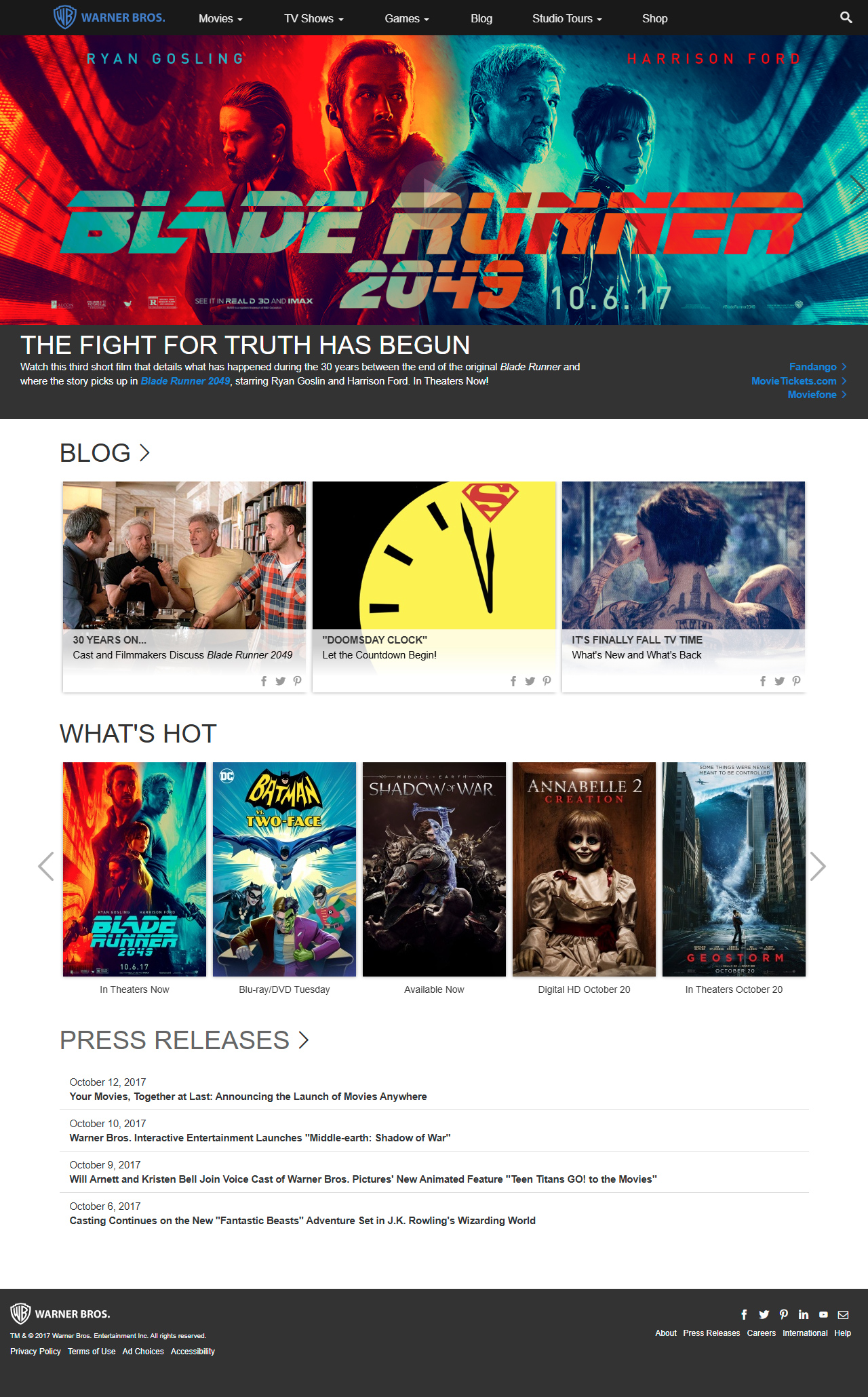 Warner Bros. website in 2017