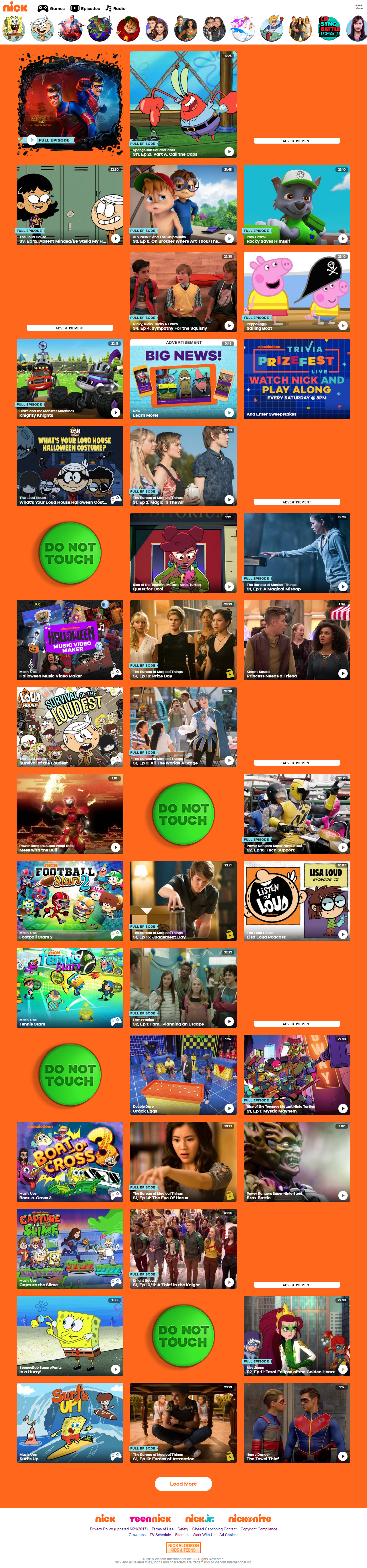 Nickelodeon website in 2018