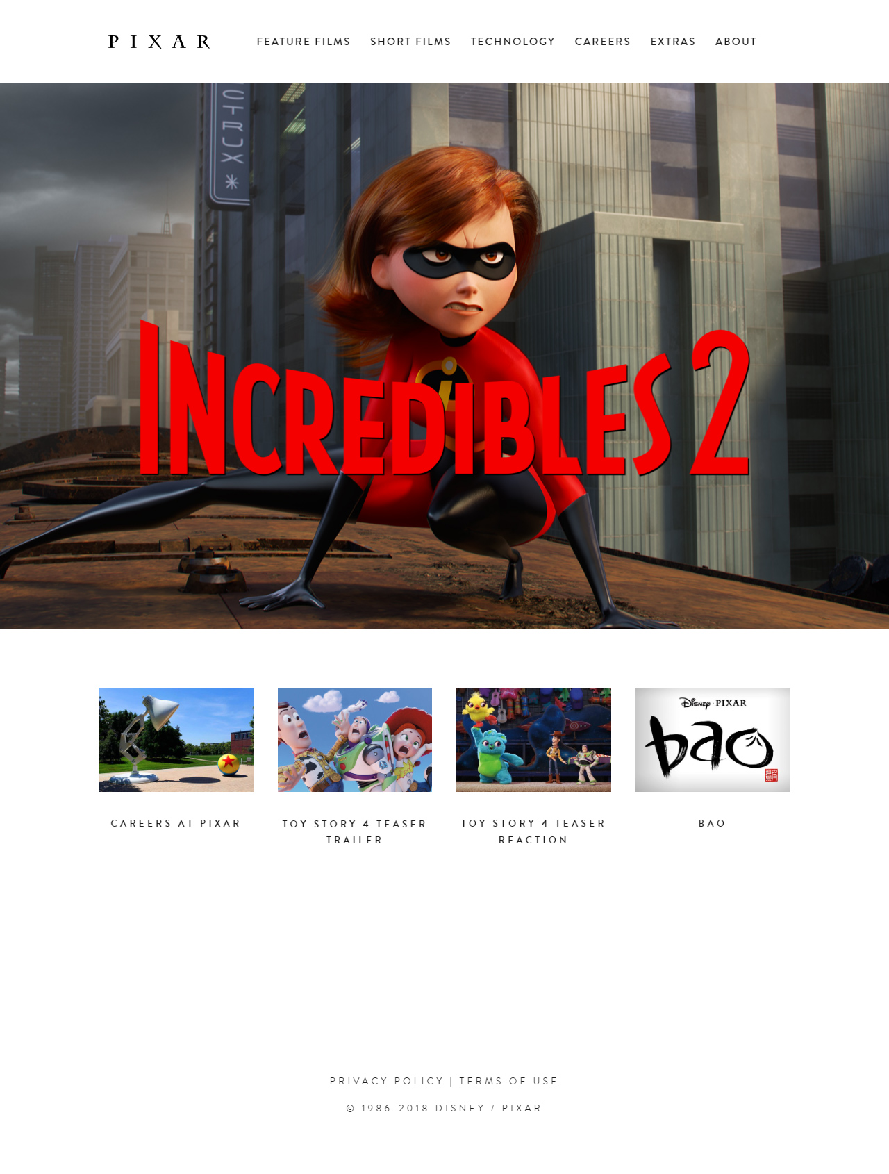 Pixar website in 2018