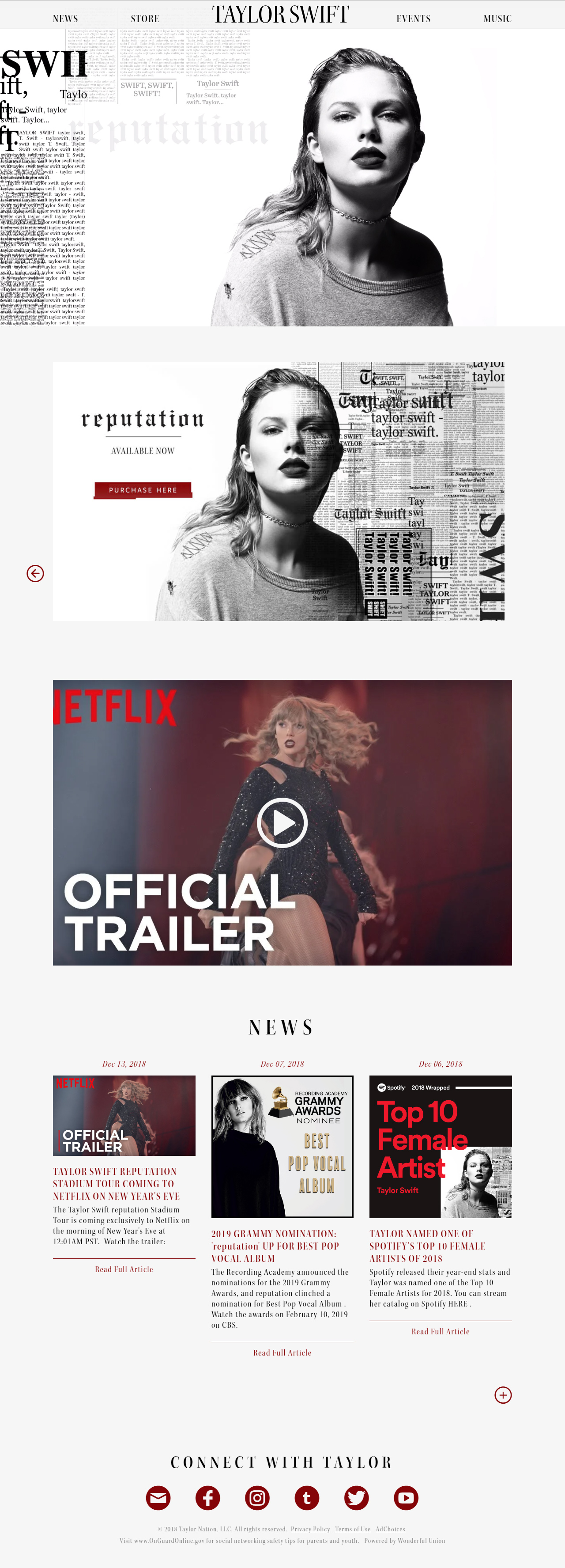 Taylor Swift website in 2018