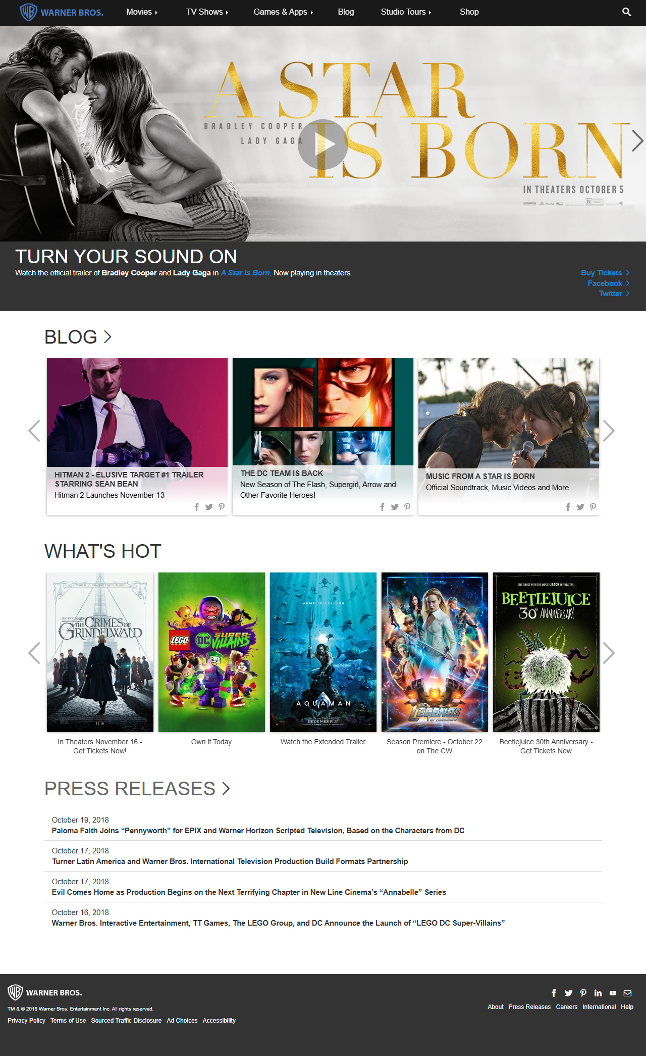 Warner Bros. website in 2018