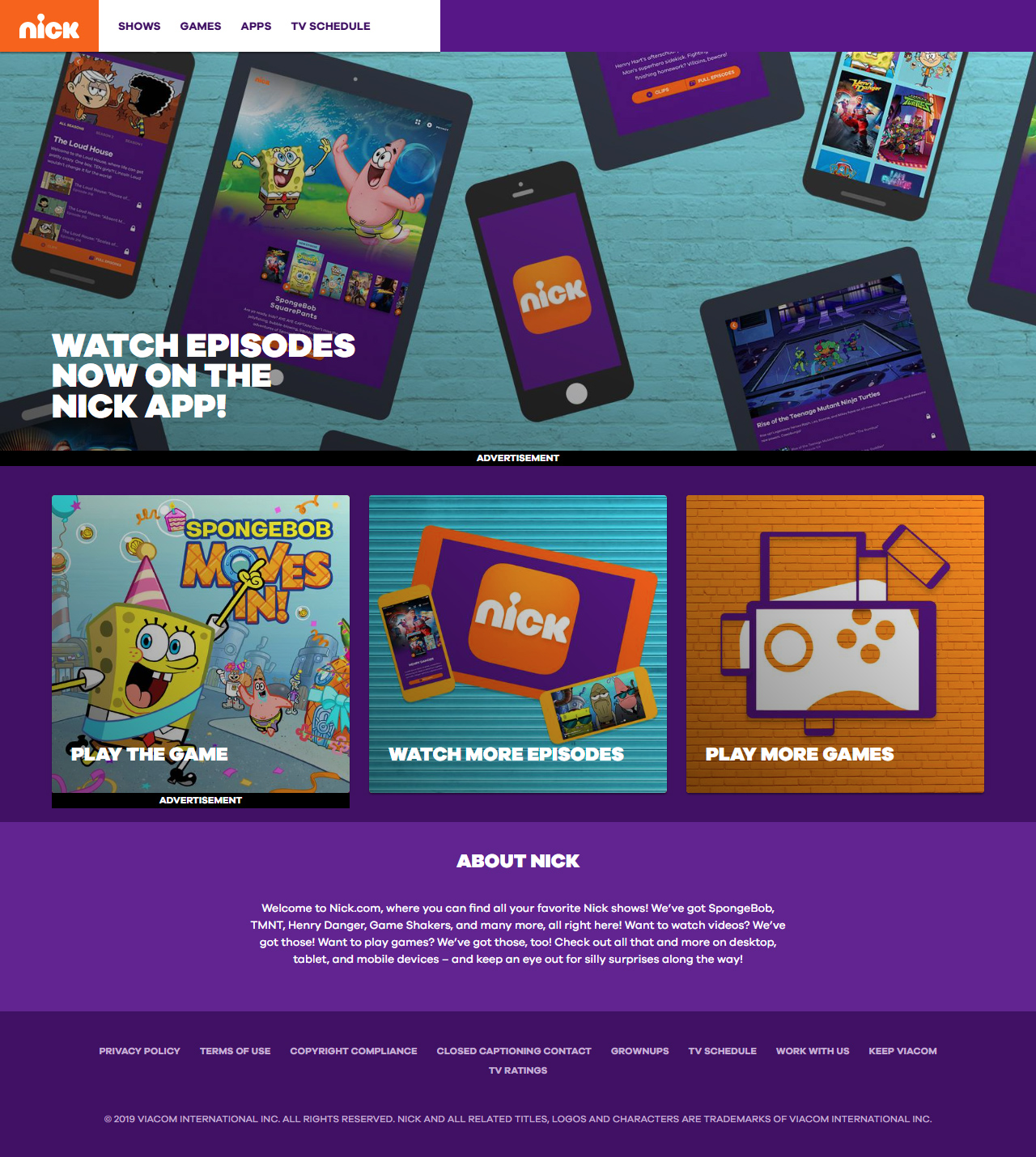 Nickelodeon website in 2019