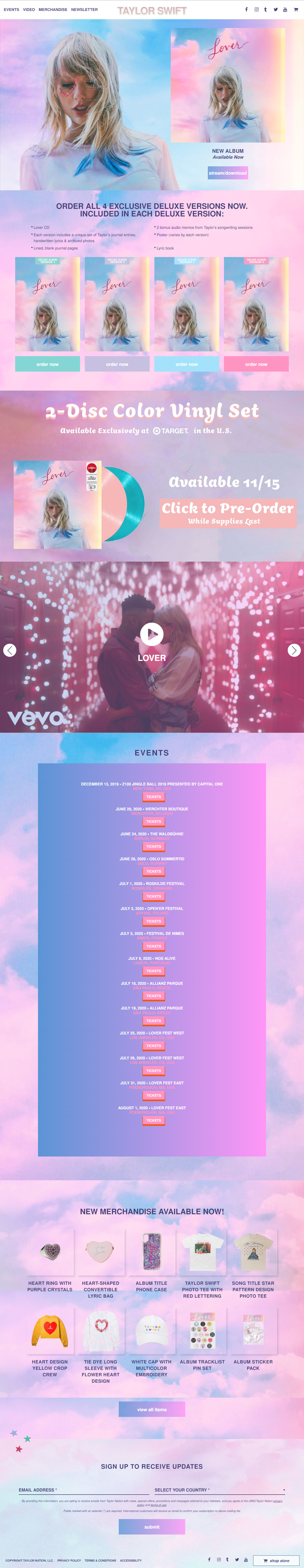 Taylor Swift website in 2019