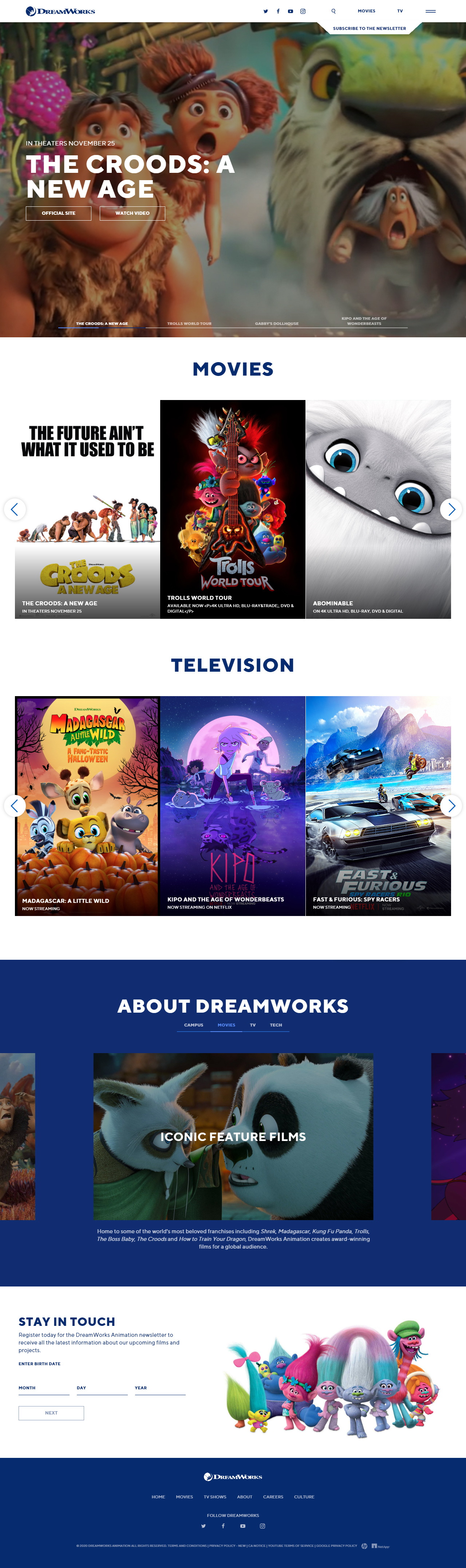 DreamWorks website in 2020