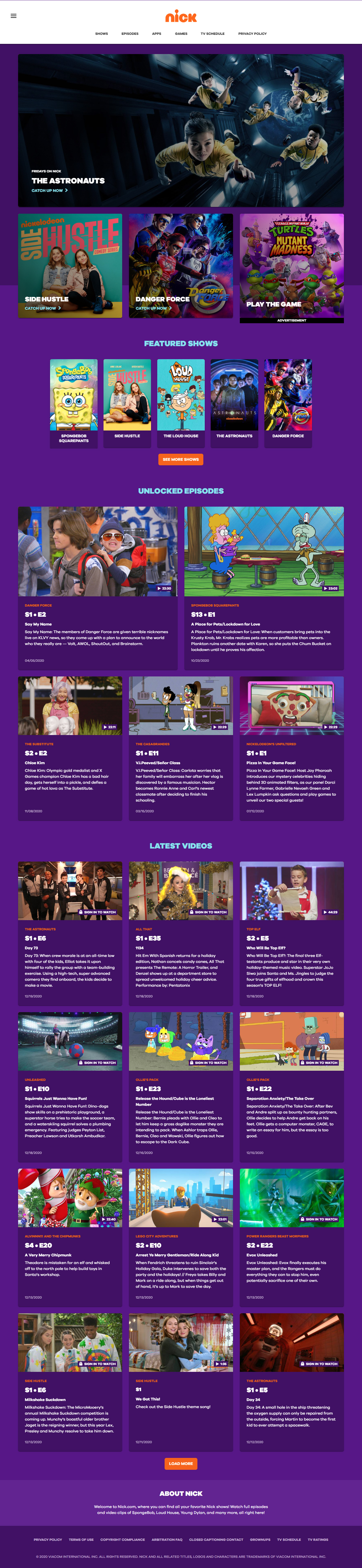 Nickelodeon website in 2020