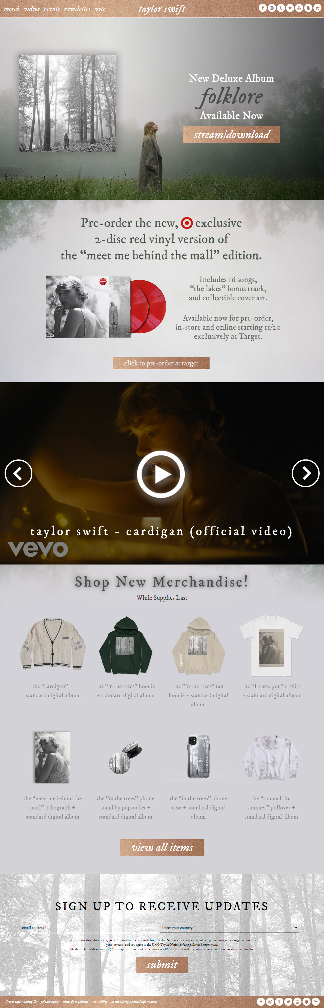 Taylor Swift website in 2020