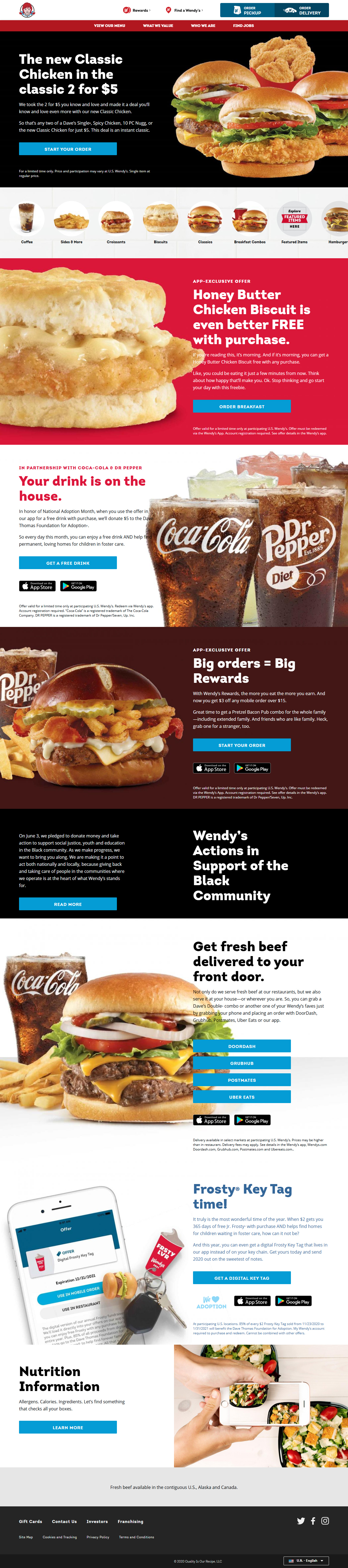 Wendy's website in 2020